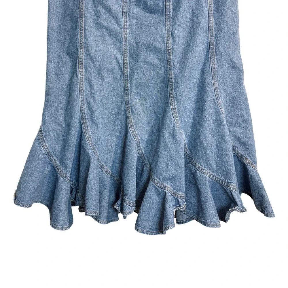 Vintage BFA Classics Blue Denim Ruffle Mermaid Flounce Midi Skirt Medium - Picture 4 of 8